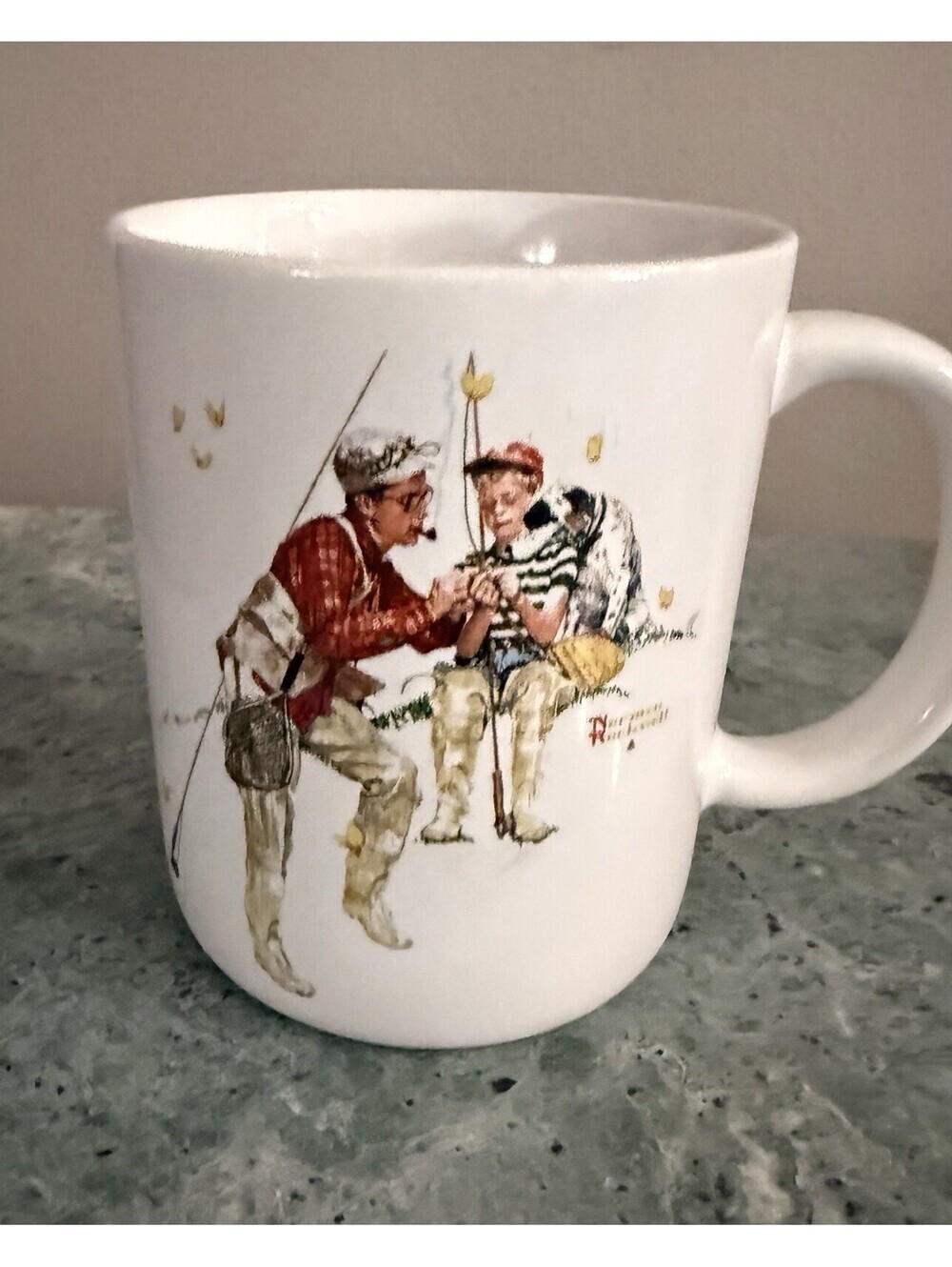 VTG 1987 ‘Trout Dinner’ by Norman Rockwell Coffee Mug Father & Son Fishing 12 Oz